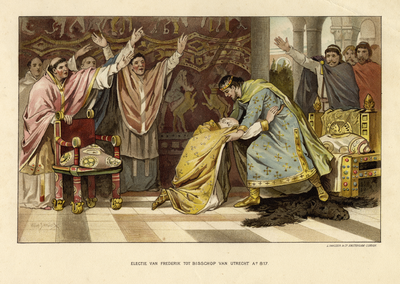 39480 Afbeelding van de knielende Frederik, in 817 gekozen tot bisschop van Utrecht, die door keizer Lodewijk de Goede ...